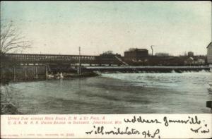 Janesville WI Upper Dam Across Rock River c1910 Postcard rpx