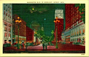 Night View Washington Boulevard Cars Detroit Michigan MI UNP Linen Postcard D14