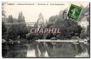 Paris Buttes Chaumont Old Postcard Rocks and suspension bridge