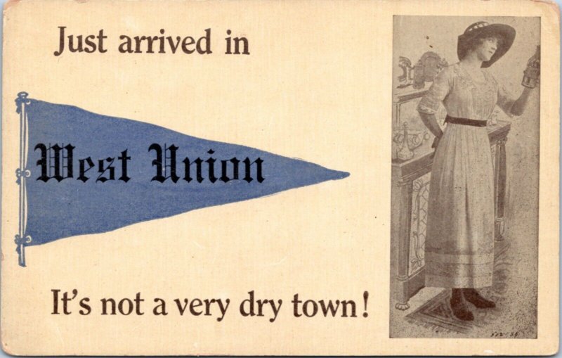 Postcard  Pennant - Just Arrived in West Union - Woman in dress and hat