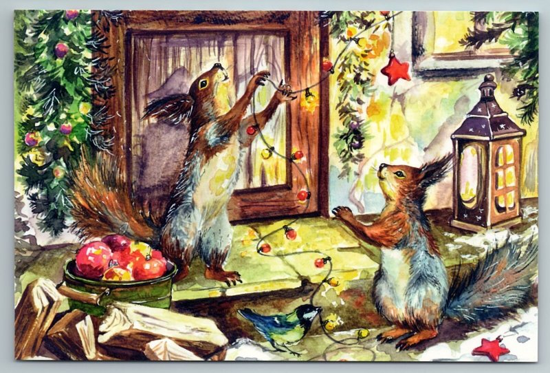 SQUIRRELS Christmas Decoration Apple Lamp Door Bird Holiday Russian New Postcard