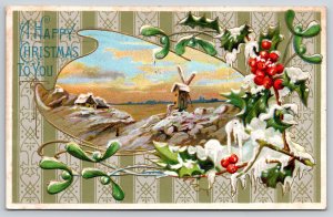 Holiday~Happy Christmas~Icy Holly Berries~Country Windmill~PM 1912 Postcard