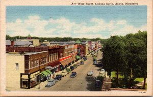 Postcard MN Austin Main Street Looking North Drug Store Classic Cars 1940s S110