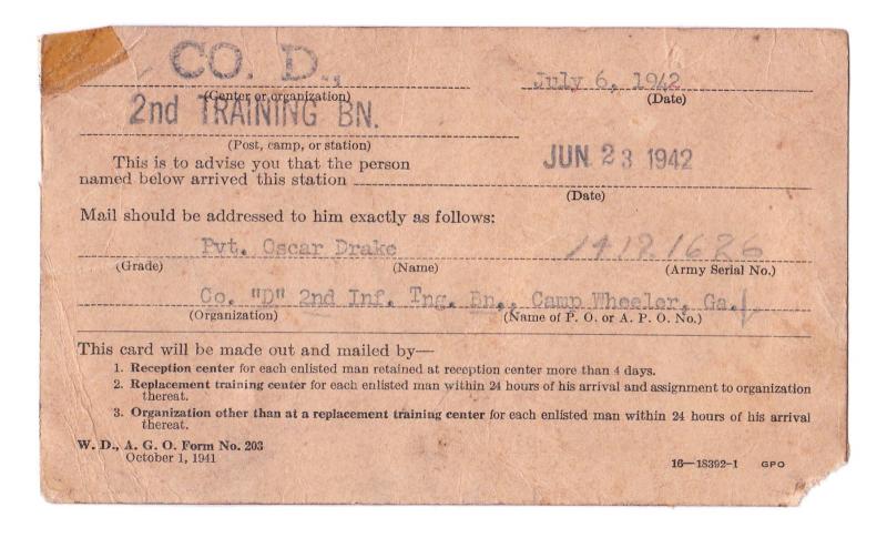 WWII Training 1942 Purple Heart PVT Oscar S Drake 2nd Infantry Nashville TN War