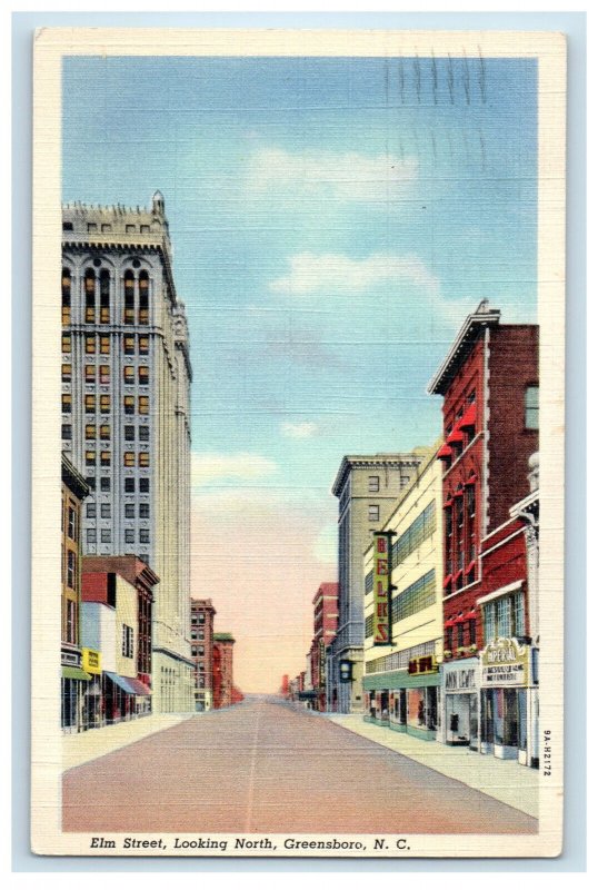 1941 Elm Street Looking North Greensboro NC Wills Book & Staty Co. Postcard 
