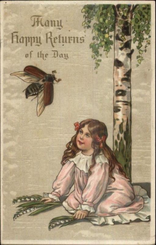 Beautiful Little Girl & Flying Bug Tree Nature HAPPY RETURNS c1910 Postcard