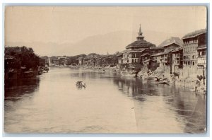 India RPPC Photo Postcard Boat Sailing Near Buildings Temple Scene c1940's