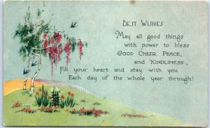 Postcard - Best Wishes with Message and Flowers Trees Art Print - Greeting Card