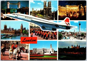 VINTAGE CONTINENTAL SIZED POSTCARD CONCORD AIRCRAFT OVER (9) LONDON MINIVIEWS