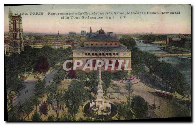 Postcard Old Paris panorama taken from the Seine Chartelet to the Theater Sar...