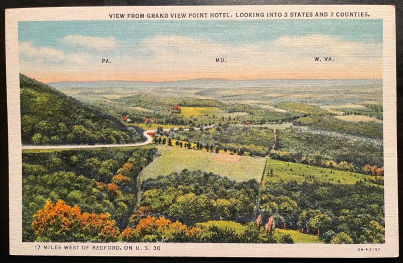 Vintage Postcard 1935 View of MD, PA & WV from Grand View Point Hotel Bedford PA