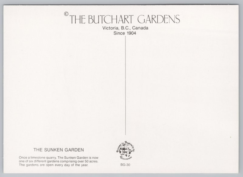 Victoria BC~Air View Sunken Garden In Butchart Gardens~Continental Postcard