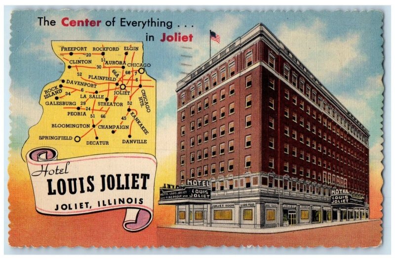 1953 Hotel Louis Joliet & Restaurant Building Map Joliet Illinois IL Postcard