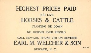 Earl M Welcher & Son, Horses & Cattle Newark, NY, USA Advertising 1945 