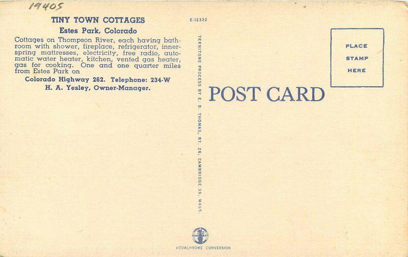 Estes Park Colorado 1940s Tiny own Cottages Postcard Thomas linen 3344