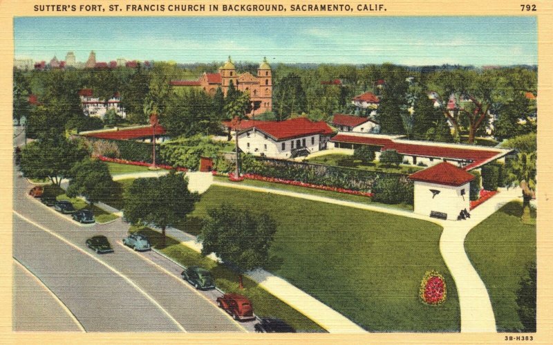 Vintage Postcard Sutter Fort St. Francis Church Background Sacramento California