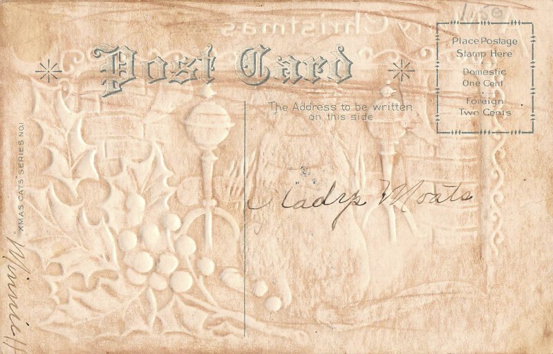 Black cat watching Christmas fire holly postcard ae100