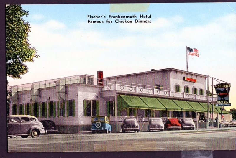 MI Fischer's FRANKENMUTH Hotel Famous Chicken Dinners 1940s cars ECKCO-CHROME