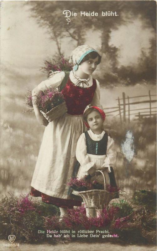 Vintage tinted real photo postcard Switzerland beauty lady & girl folk costumes