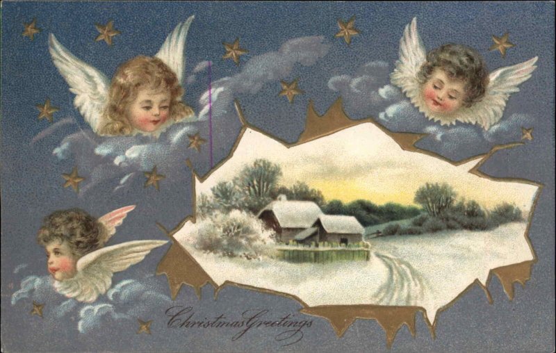 Christmas Child Angels Country Snow Scene c1910 Vintage Postcard