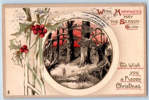 Seattle Washington WA Postcard Christmas Holly Berries Winter Scene Trees Tuck