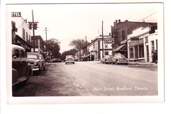 Real Photo, Main Street, Bracken Drugs, Baron's Hardware, Bradford, Ontario