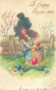 C.1900-07 Lovely Girl Colored Easter Eggs Broken Postcard F73