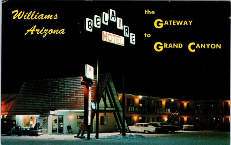 WILLIAMS, AZ  Arizona  Route 66  BELAIRE MOTEL  c1960s Night/Neon  Postcard