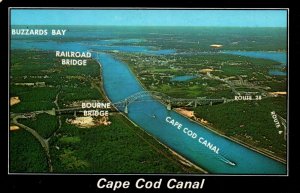 Cape Cod MA Aerial View Of Cape Cod Canal Bourne Bridge Buzzards Bay Postcard 