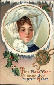 New Year Beautiful Woman with Kerchief Hat c1910 Vintage Postcard