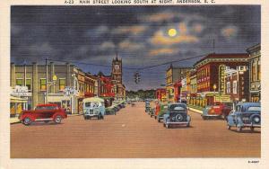 B51/ Anderson South Carolina SC Postcard Linen Main Street Night Stores Cars