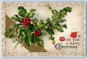 John Winsch Signed Postcard Christmas Holly Berries Embossed South Wayne WI