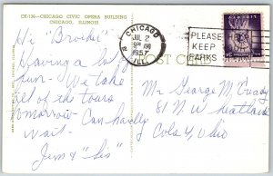 Chicago Illinois 1957 Postcard Civic Opera Building