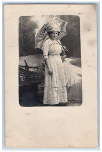 European Woman Postcard RPPC Photo Parasol Blanket Hat With Umbrella c1910's