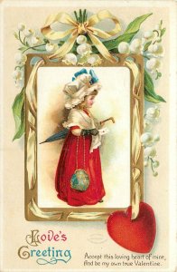 Embossed Valentine Postcard 2738 Girl in Red, Love's Greeting, Clapsaddle