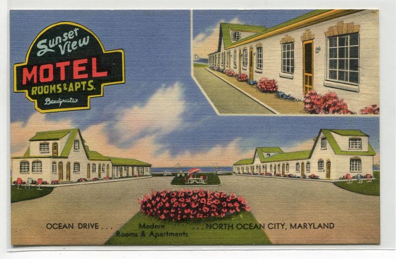 Sunset View Motel Ocean City Maryland linen postcard