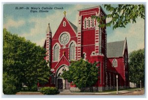 c1940 St. Mary's Catholic Church Largest Church Elgin Illinois IL Trees Postcard