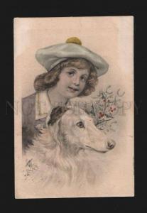 076327 Charming Girl & BORZOI by DOCKER vintage NOVITAS PC