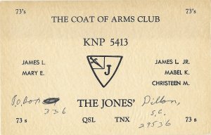 Coat of Arms Club QSL Card  73's KNP 5413 The Jones Amateur Radio