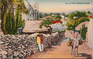 Typical Mexican Village Mexico People Mule Burro Linen Postcard G95