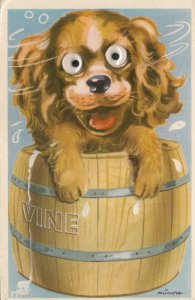 Mechanical moving eyes comic dog caricature wine barrel postcardsigned Munch