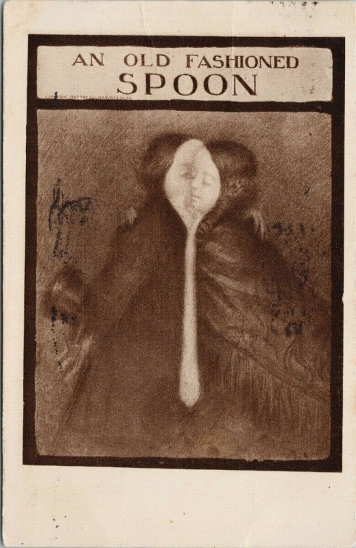 An Old Fashioned Spoon Metamorphic Two People c1909 Photogravure Postcard H17