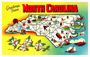 Postcard ND Map - North Carolina pictoral map card with state flower