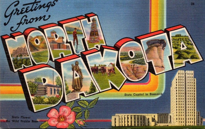 North Dakota Greetings From Large Letter Linen 1944