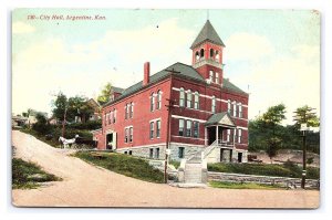 City Hall Argentine Ka. Kansas Postcard Horse & Wagon