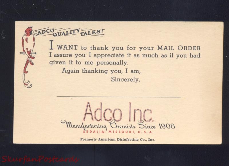 SEDALIA MISSOURI ADCO INC. COMPANY VINTAGE ADVERTISING POSTCARD MO.