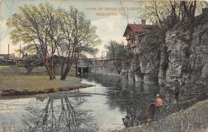 Rockford Illinois~Swiss Cottage by Rock Cliff~Boys in Tree over River~c1910 Pc