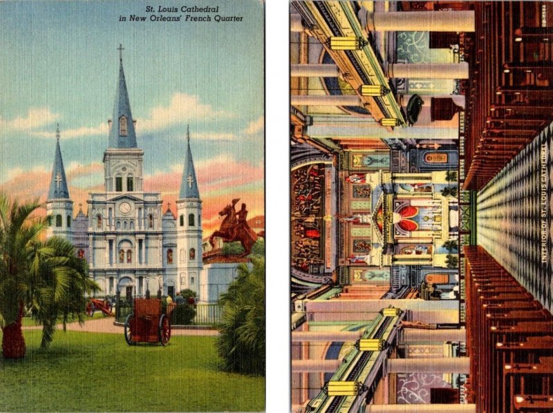 2~LINEN Postcards New Orleans, LA Louisiana ST LOUIS CATHEDRAL & CHURCH INTERIOR