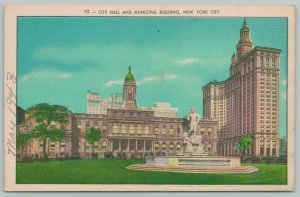 New York City~City Hall & Municipal Building~1940s Linen Postcard