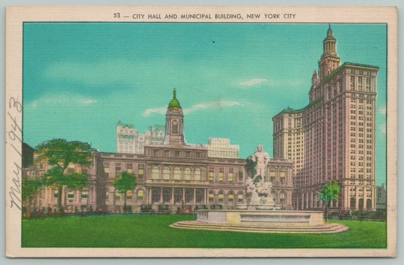 New York City~City Hall & Municipal Building~1940s Linen Postcard